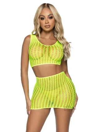 2 Pc. Crochet Net Crop Top and Mini Skirt - One  Size - Neon Yellow