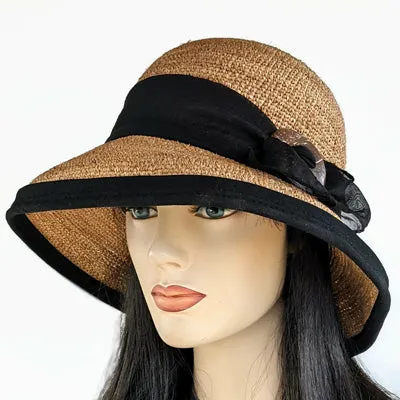 206-c Crochet Raffia Sun Hat with adjustable fit with black trim, toast