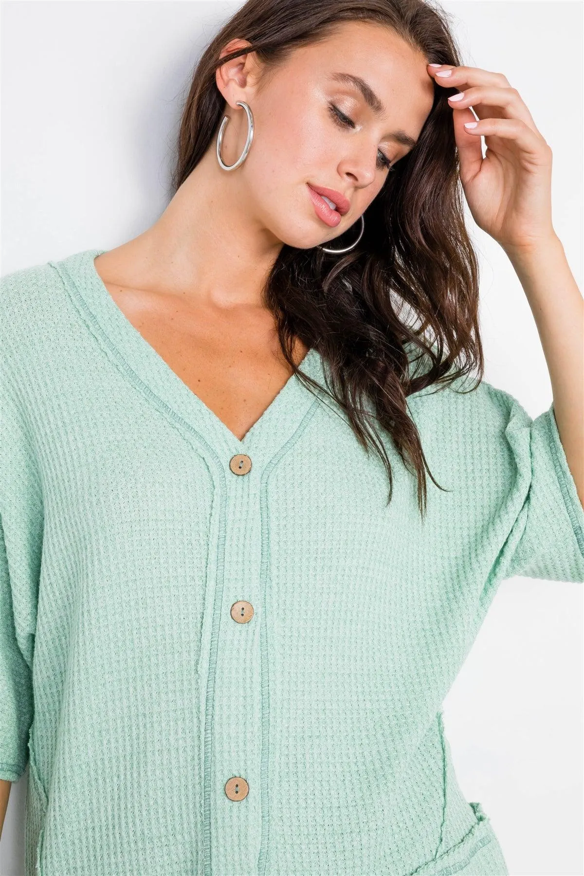 3/4 Sleeve Textured V-Neck Cardigan Kimono Top