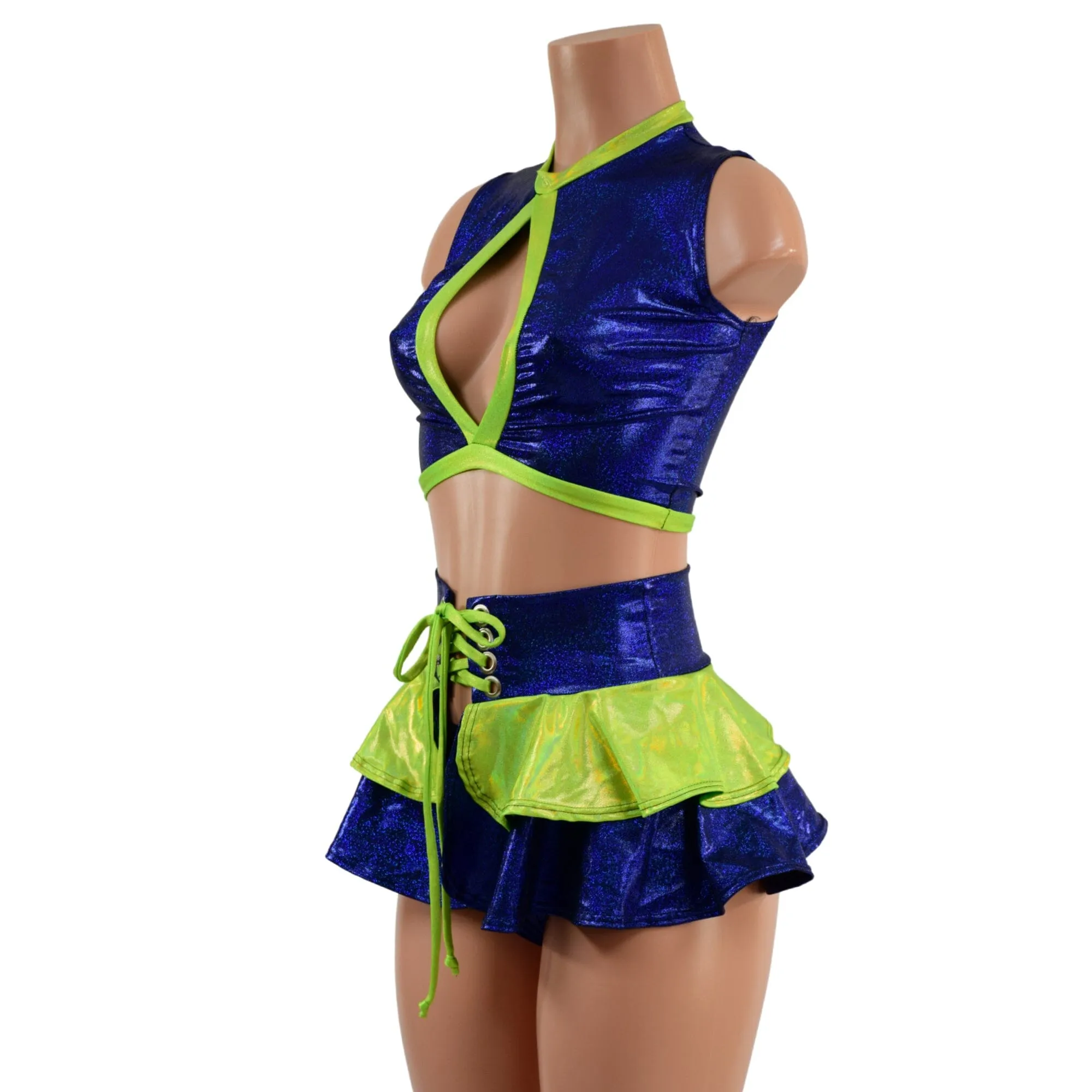 3PC Keyhole Crop, Double Ruffle Mini Skirt, and Siren Shorts Set