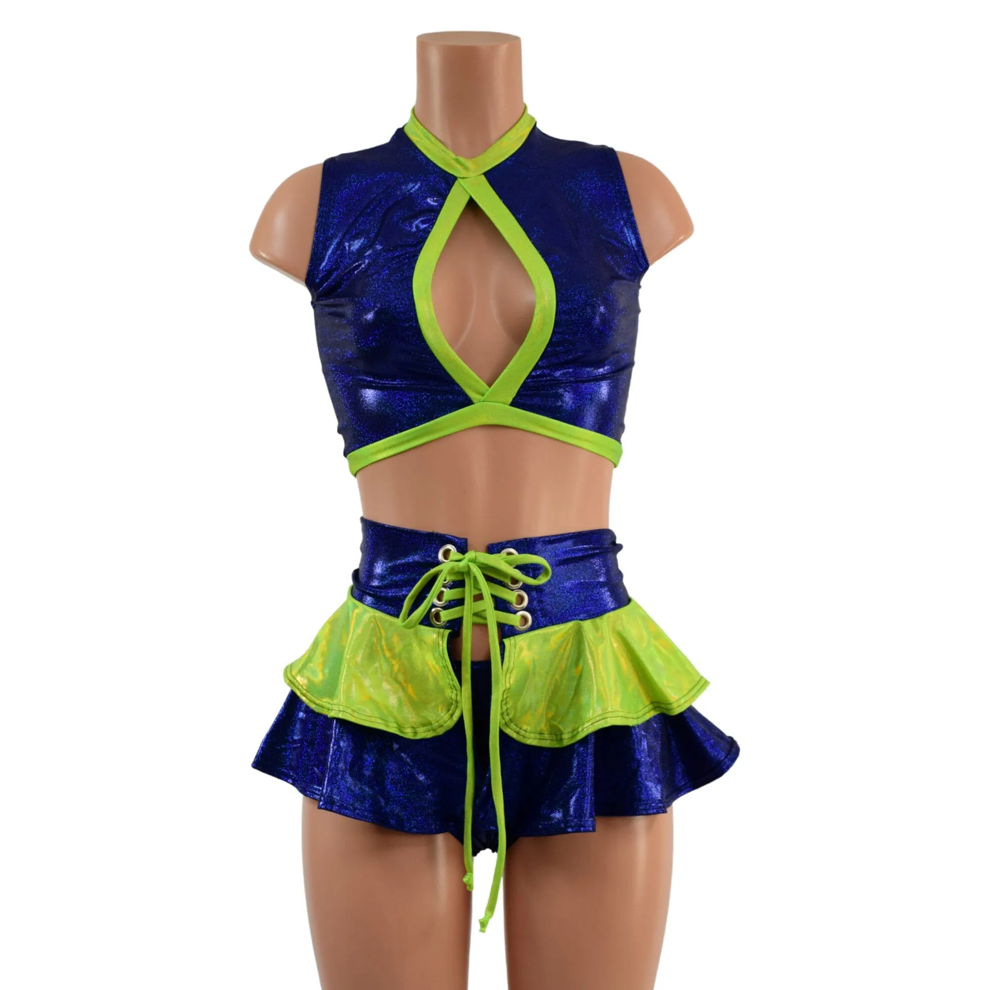 3PC Keyhole Crop, Double Ruffle Mini Skirt, and Siren Shorts Set