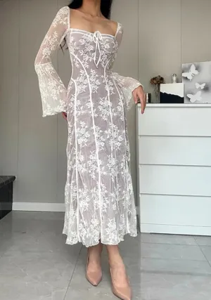 A&A Luxe Vintage Square Collar Lace Long Sleeve Maxi Dress