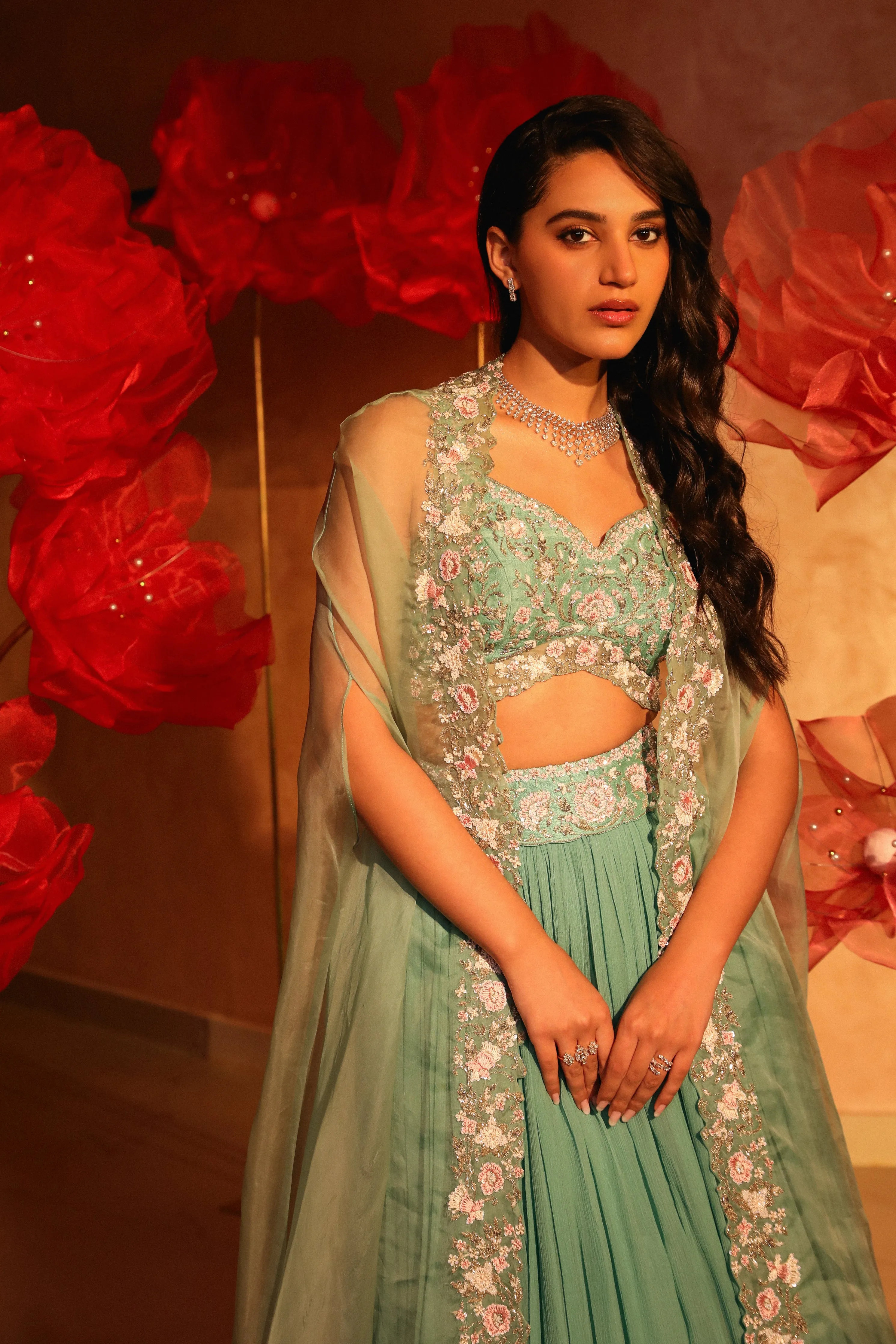 Ablaze agate green lehenga and cape set