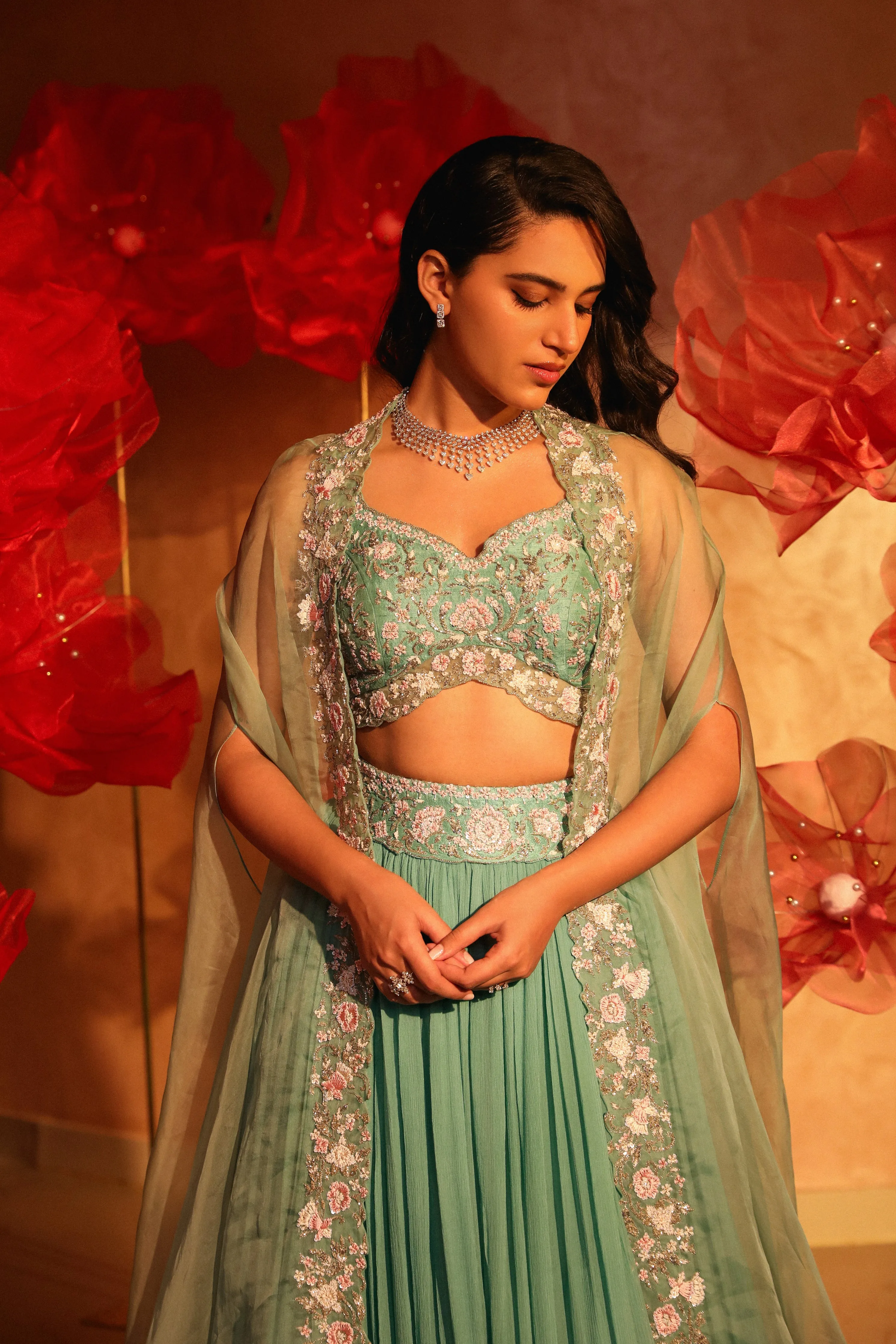 Ablaze agate green lehenga and cape set