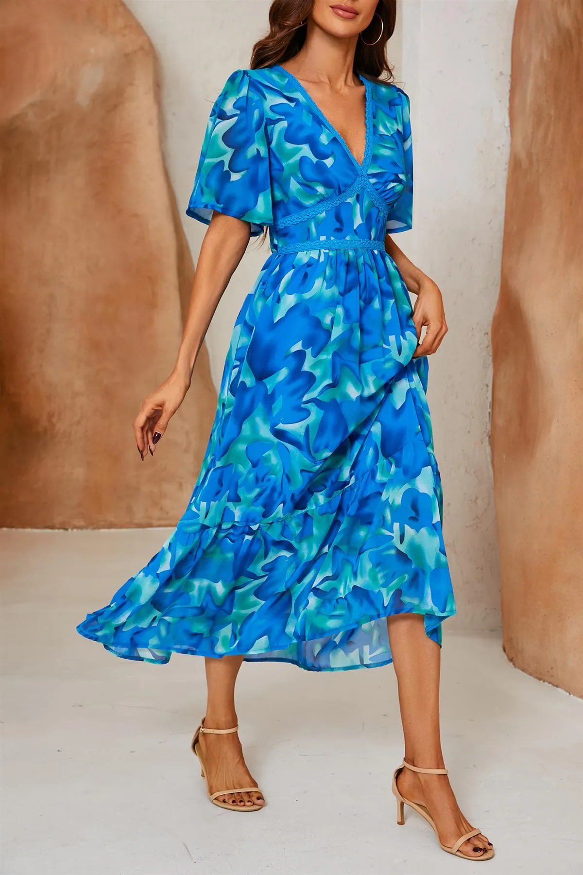 Abstract Floral Print Lace Detail Angel Sleeve Maxi Dress In Blue