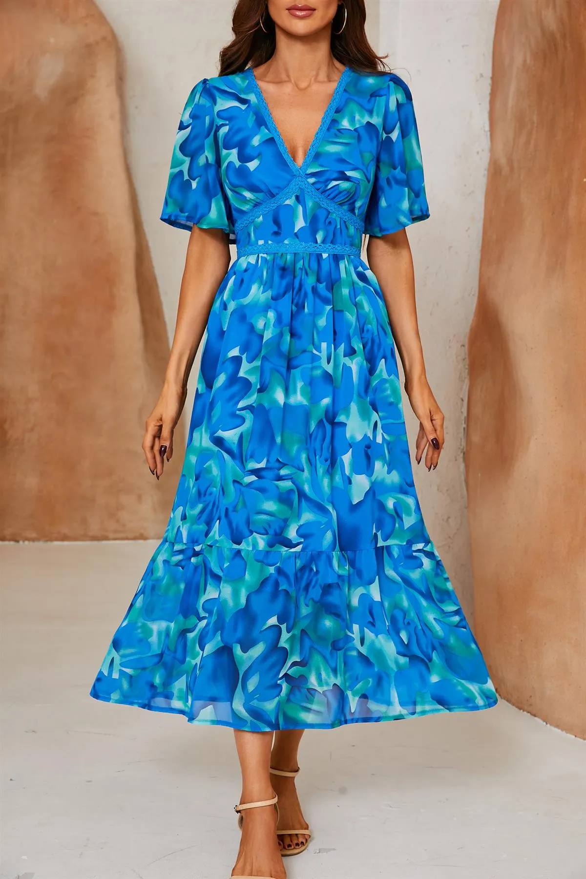 Abstract Floral Print Lace Detail Angel Sleeve Maxi Dress In Blue