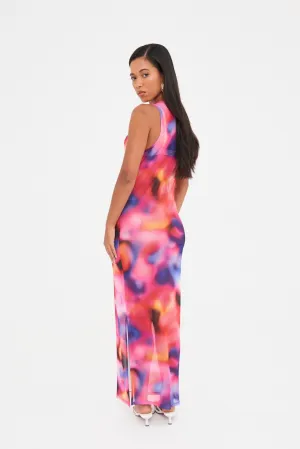 ABSTRACT SHEER MESH MAXI DRESS