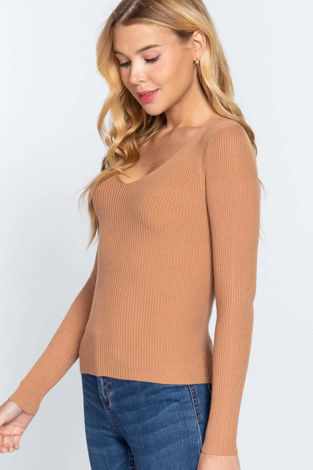 ACTIVE BASIC V-Neck Fitted Viscose Rib Knit Top