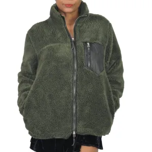 Anine Bing Ryder Faux Fur Jacket Green Olive Fleece Pile Sherpa Teddy Plush Zip Front Faux Leather Small