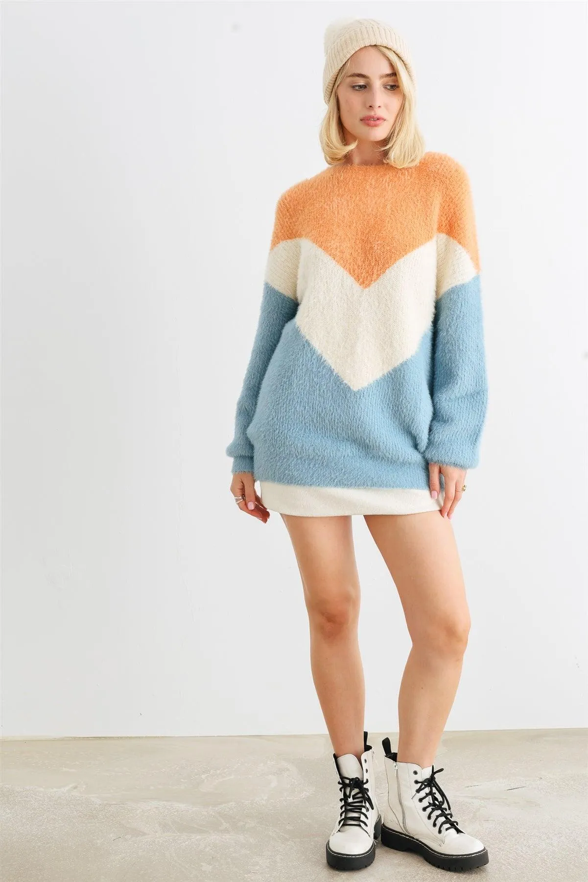 Apricot Natural Blue Colorblock Fuzzy Knit Long Sleeve Sweater /2-2-2