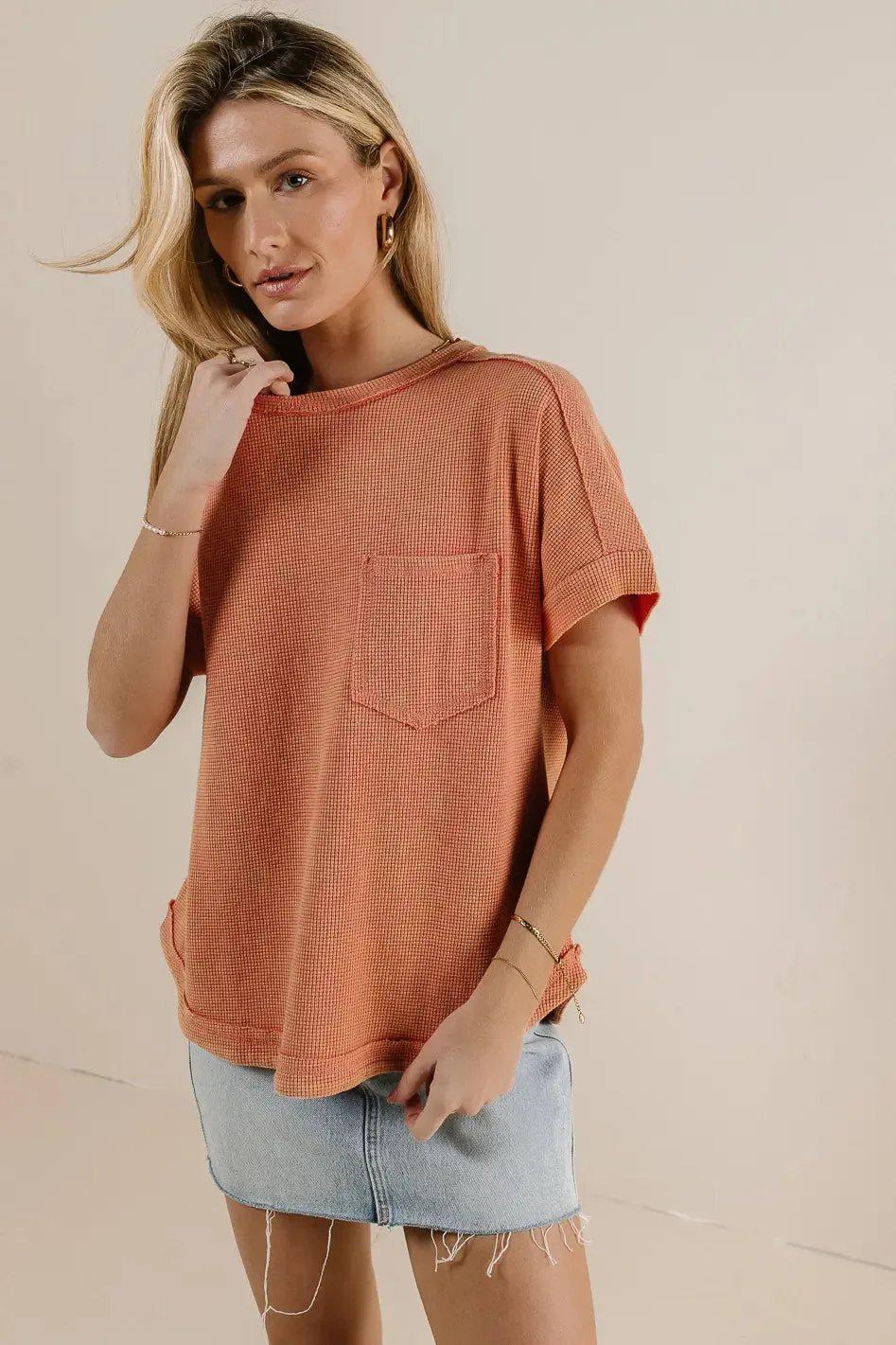 Ariella Waffle Knit Top in Coral