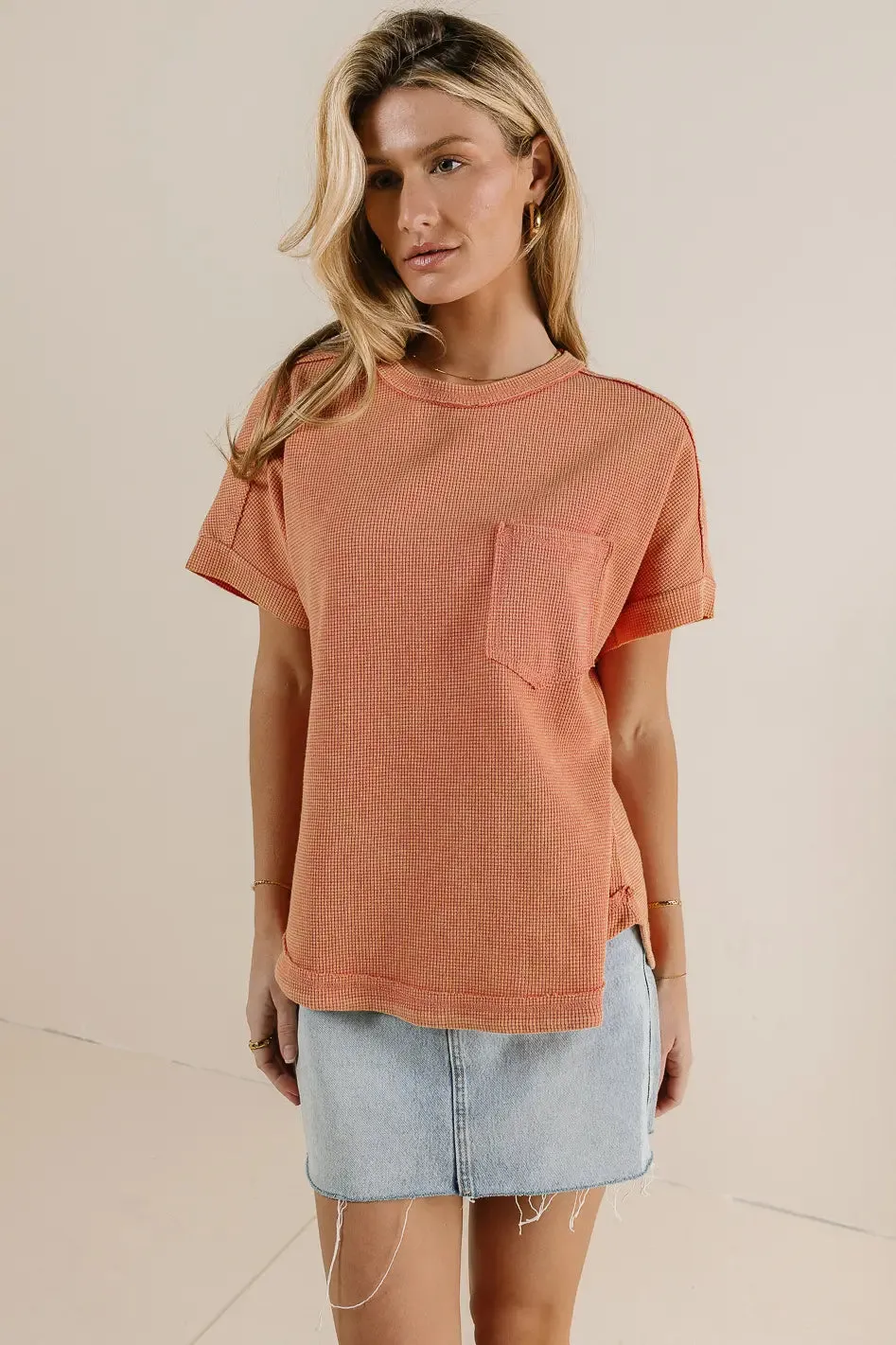 Ariella Waffle Knit Top in Coral