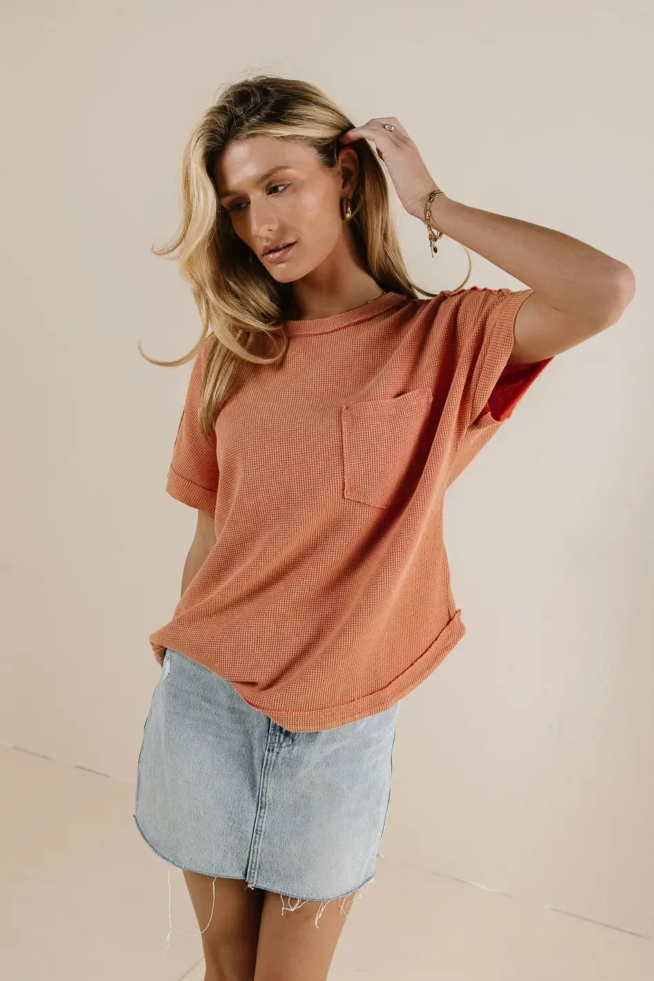 Ariella Waffle Knit Top in Coral