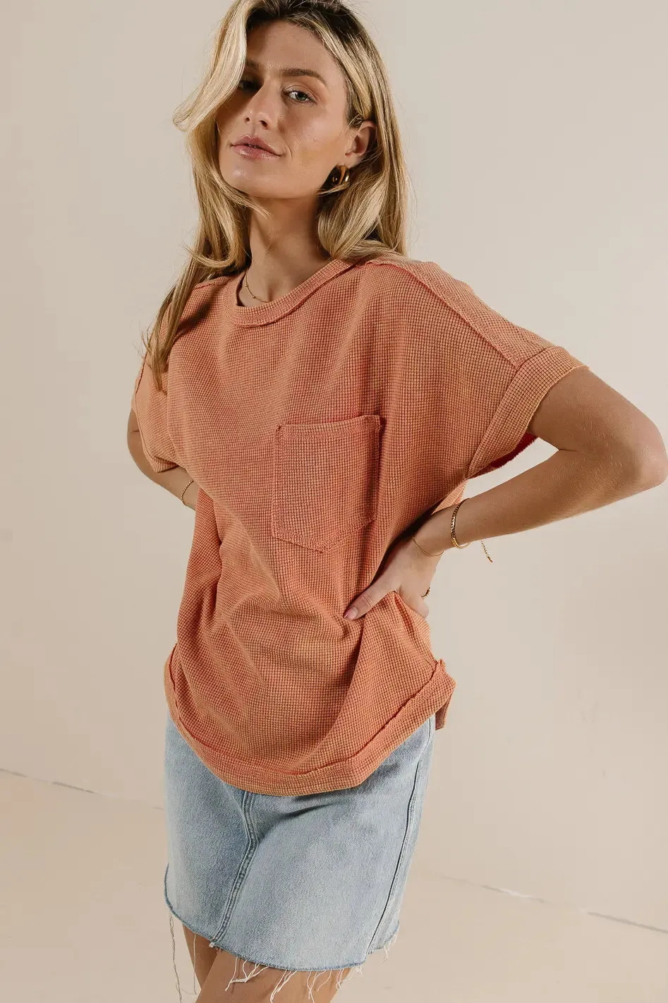 Ariella Waffle Knit Top in Coral