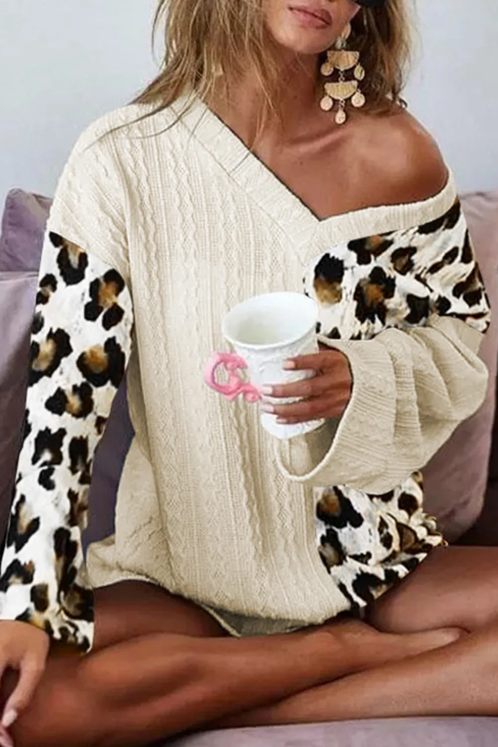 Asymmetric Leopard Patchwork Wide Sleeve V Neck Sweater