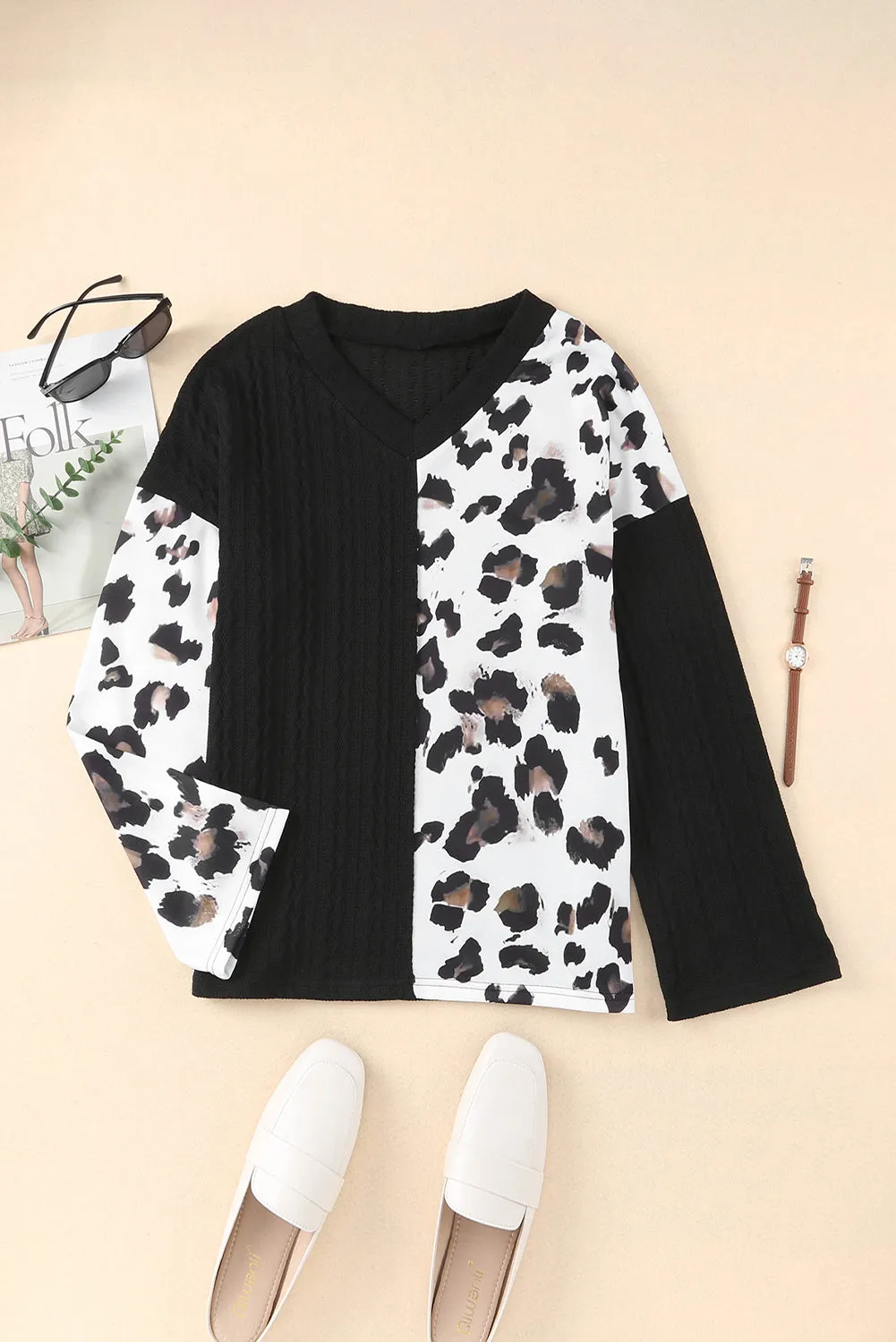 Asymmetric Leopard Patchwork Wide Sleeve V Neck Sweater