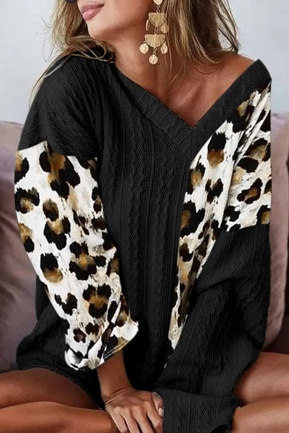 Asymmetric Leopard Patchwork Wide Sleeve V Neck Sweater