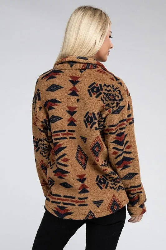 Aztec-Inspired Sherpa Button-Down Jacket