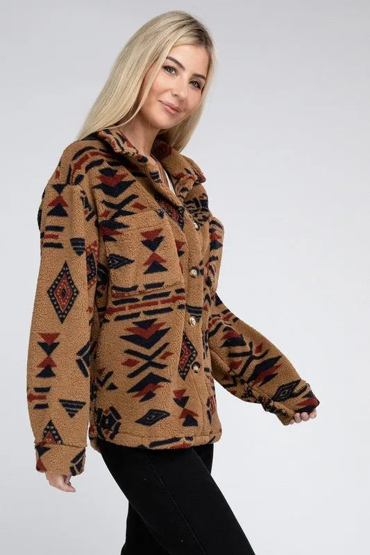 Aztec-Inspired Sherpa Button-Down Jacket