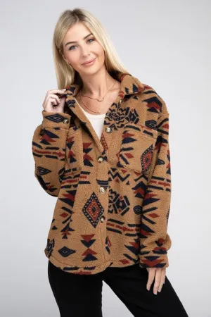 Aztec-Inspired Sherpa Button-Down Jacket