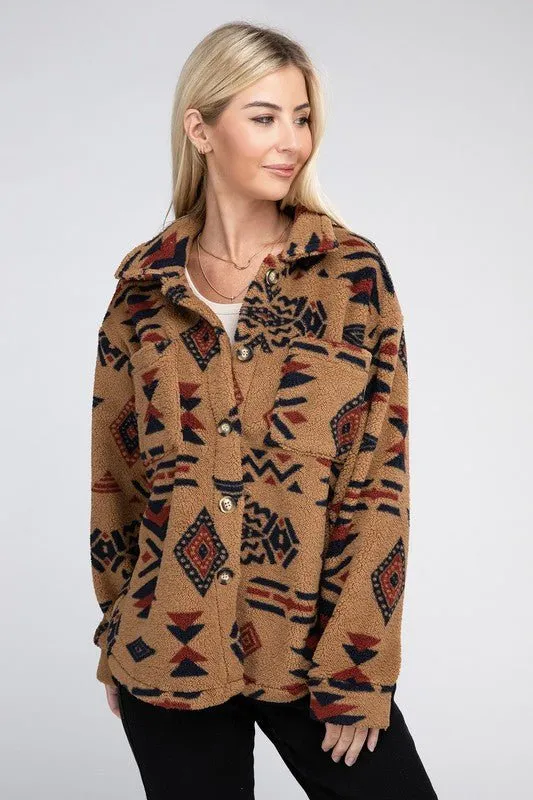 Aztec-Inspired Sherpa Button-Down Jacket