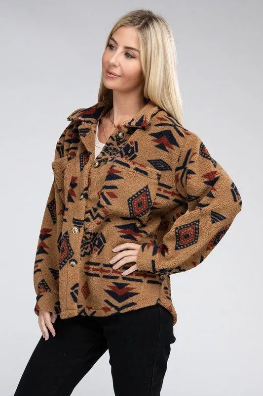 Aztec-Inspired Sherpa Button-Down Jacket