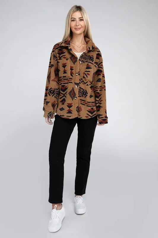 Aztec-Inspired Sherpa Button-Down Jacket