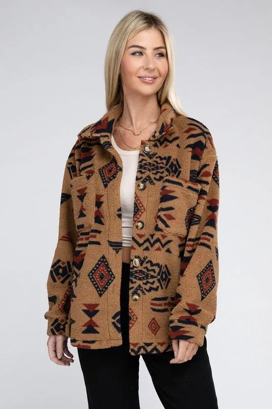 Aztec-Inspired Sherpa Button-Down Jacket