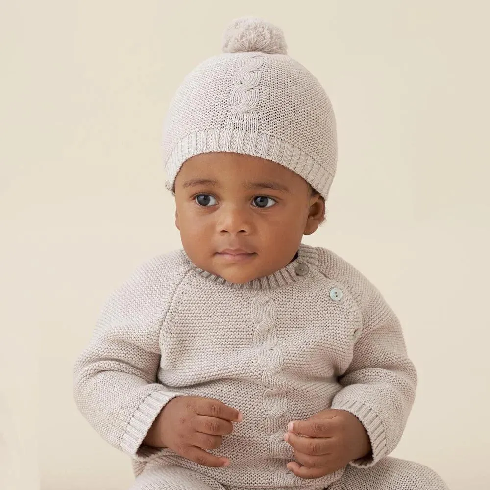 Baby Hat | Garter Knit Pom Pom -Taupe | Elegant Baby