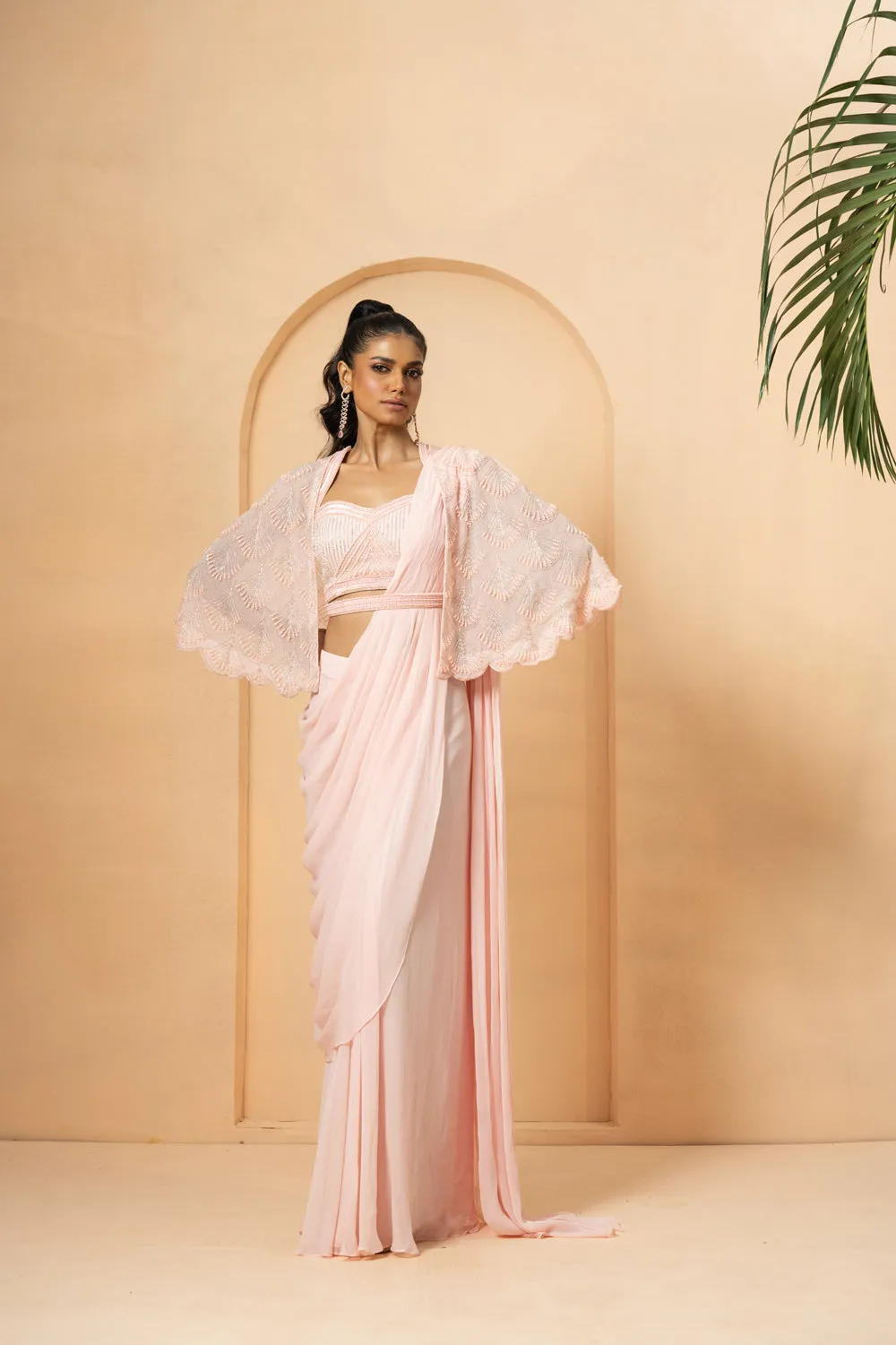 Baby Pink Pre-Stitched Drape Saree With Cape