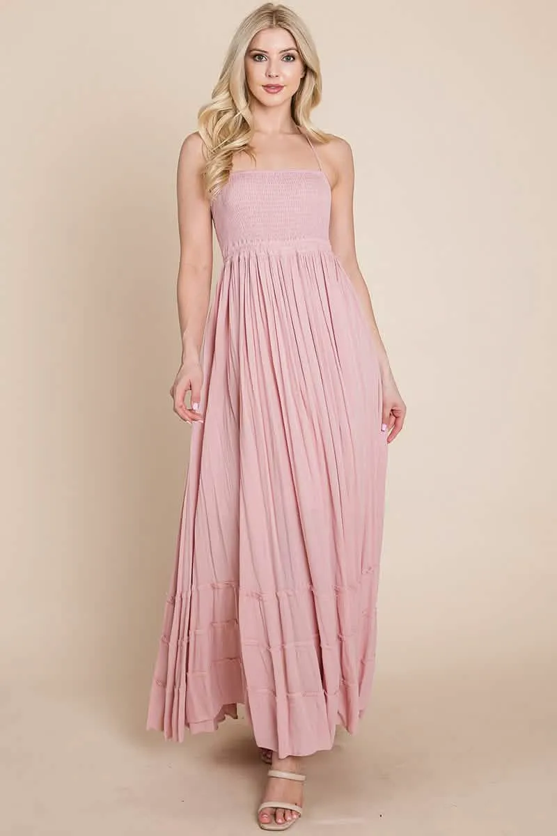 Backless Bohemian Pleated Maxi Dress with Stylish Smocked Accents