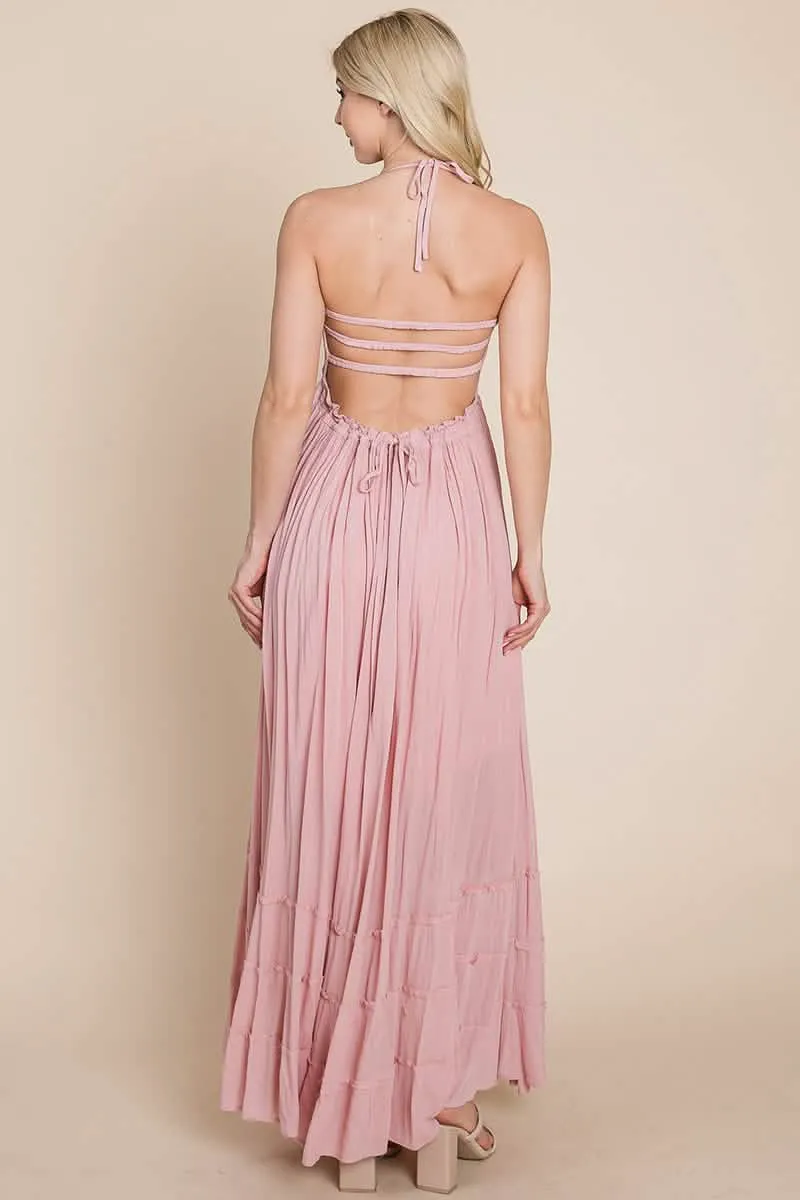 Backless Bohemian Pleated Maxi Dress with Stylish Smocked Accents