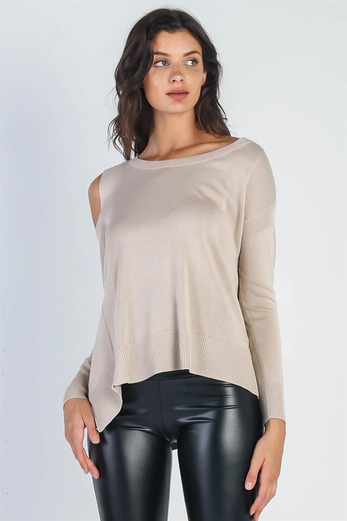 Basic Cold Shoulder Long Sleeve Soft Knit Top