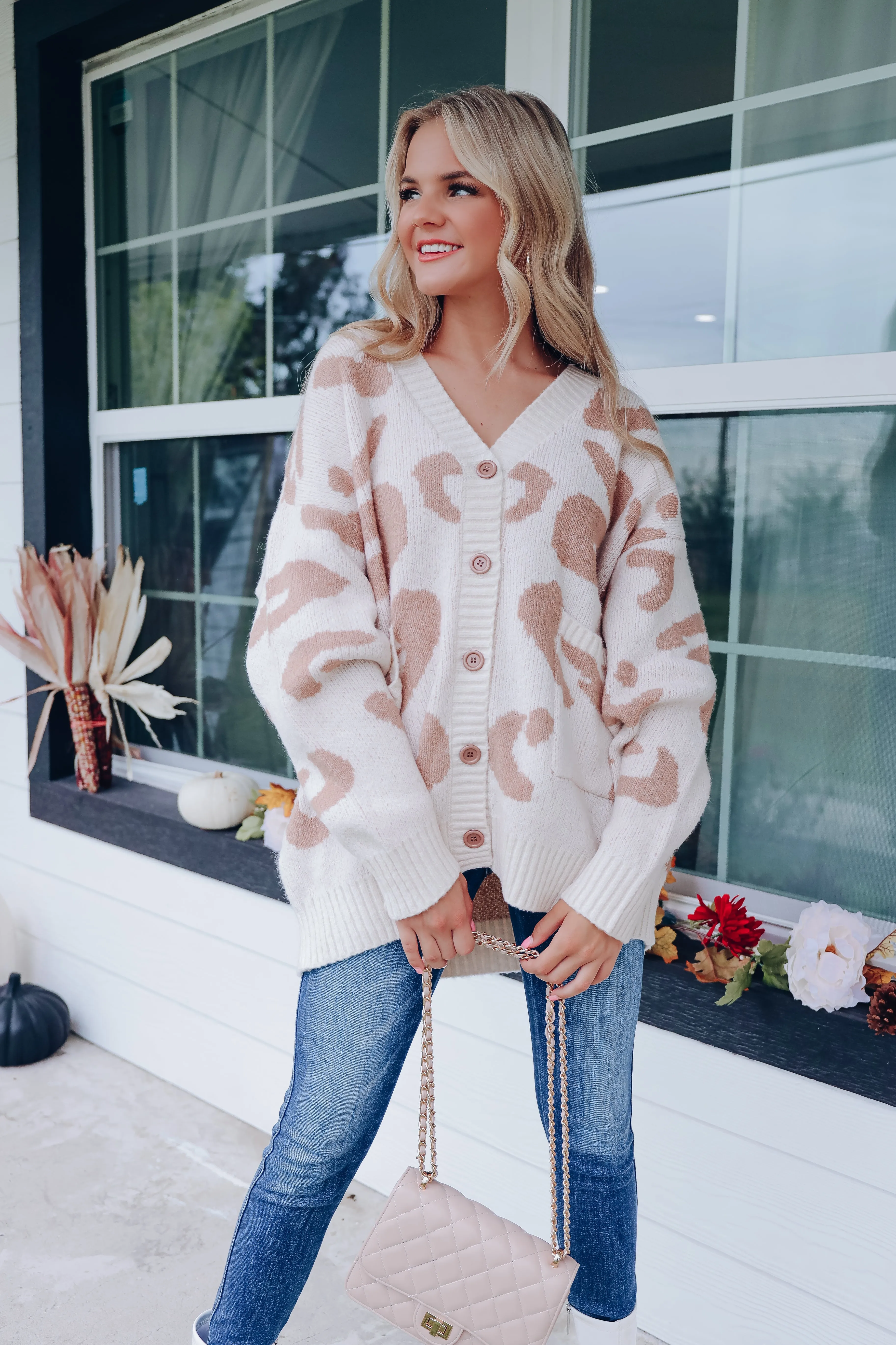 Beatrice Button Front Leopard Cardigan - Cream