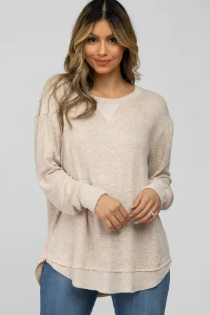 Beige Brushed Knit Rib Contrast Top