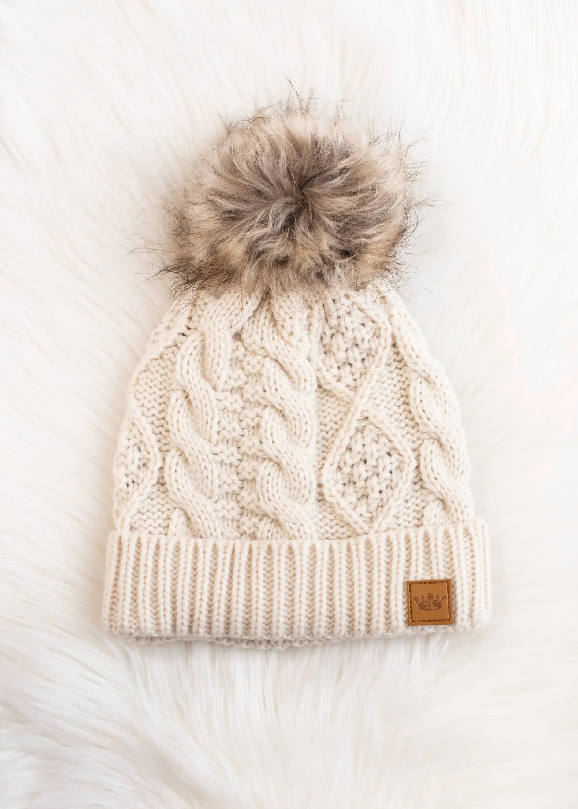 Beige Cable Knit w/ Natural Pom Hat