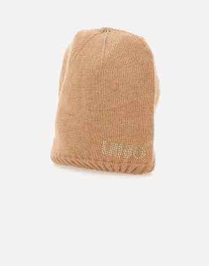 Beige Rhinestone Logo Knit Hat