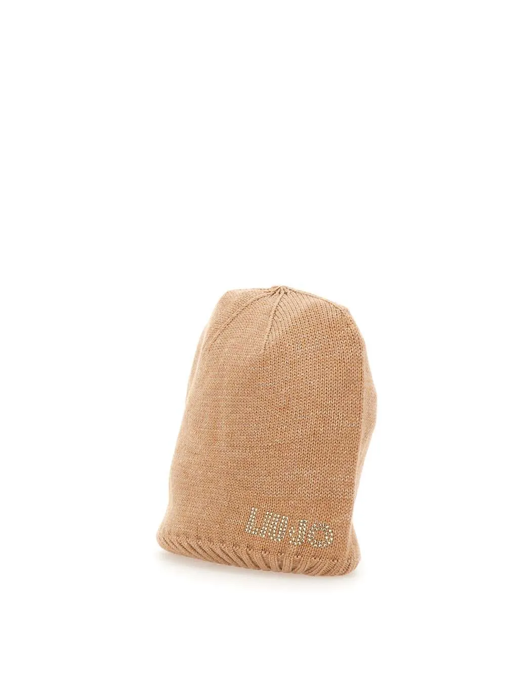 Beige Rhinestone Logo Knit Hat