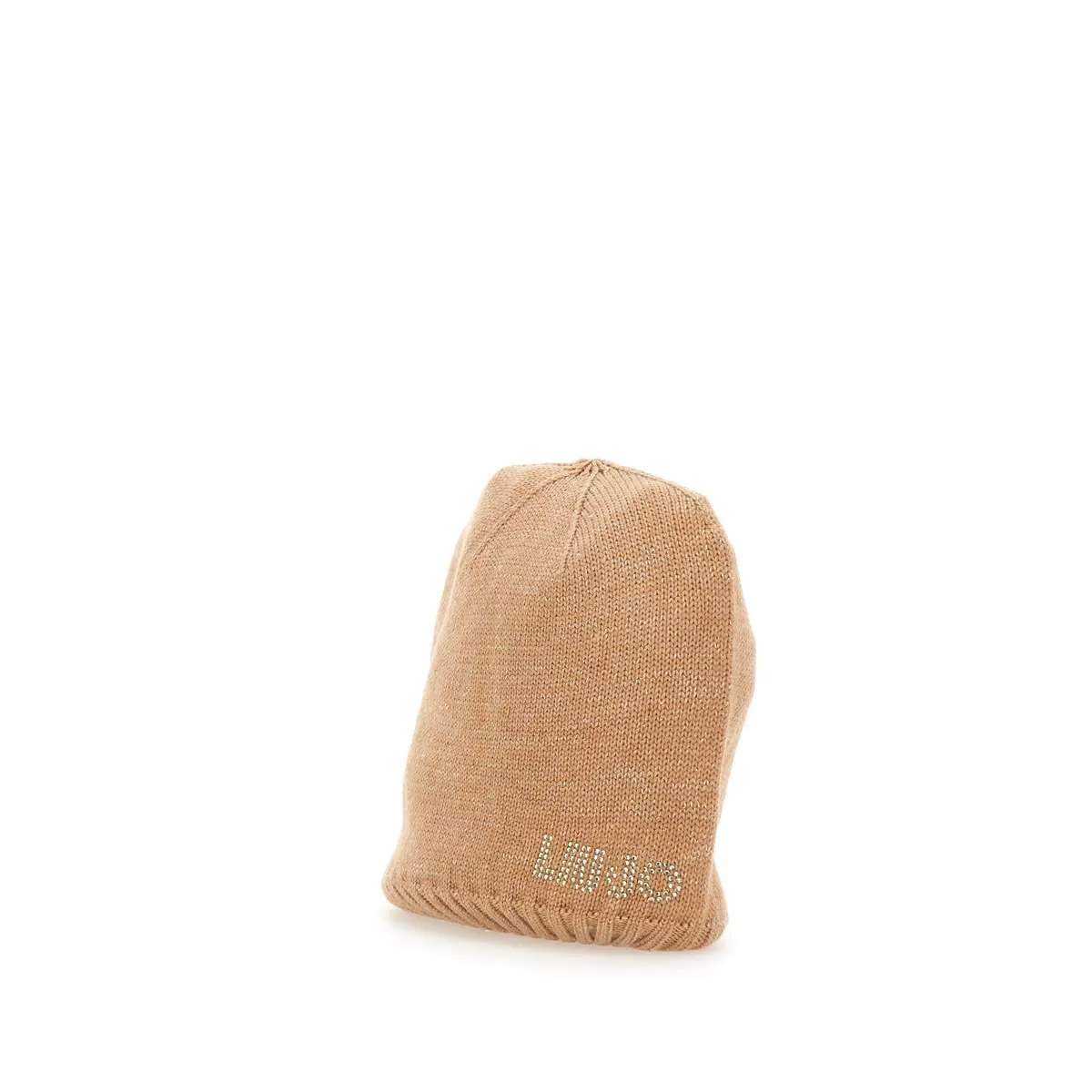 Beige Rhinestone Logo Knit Hat