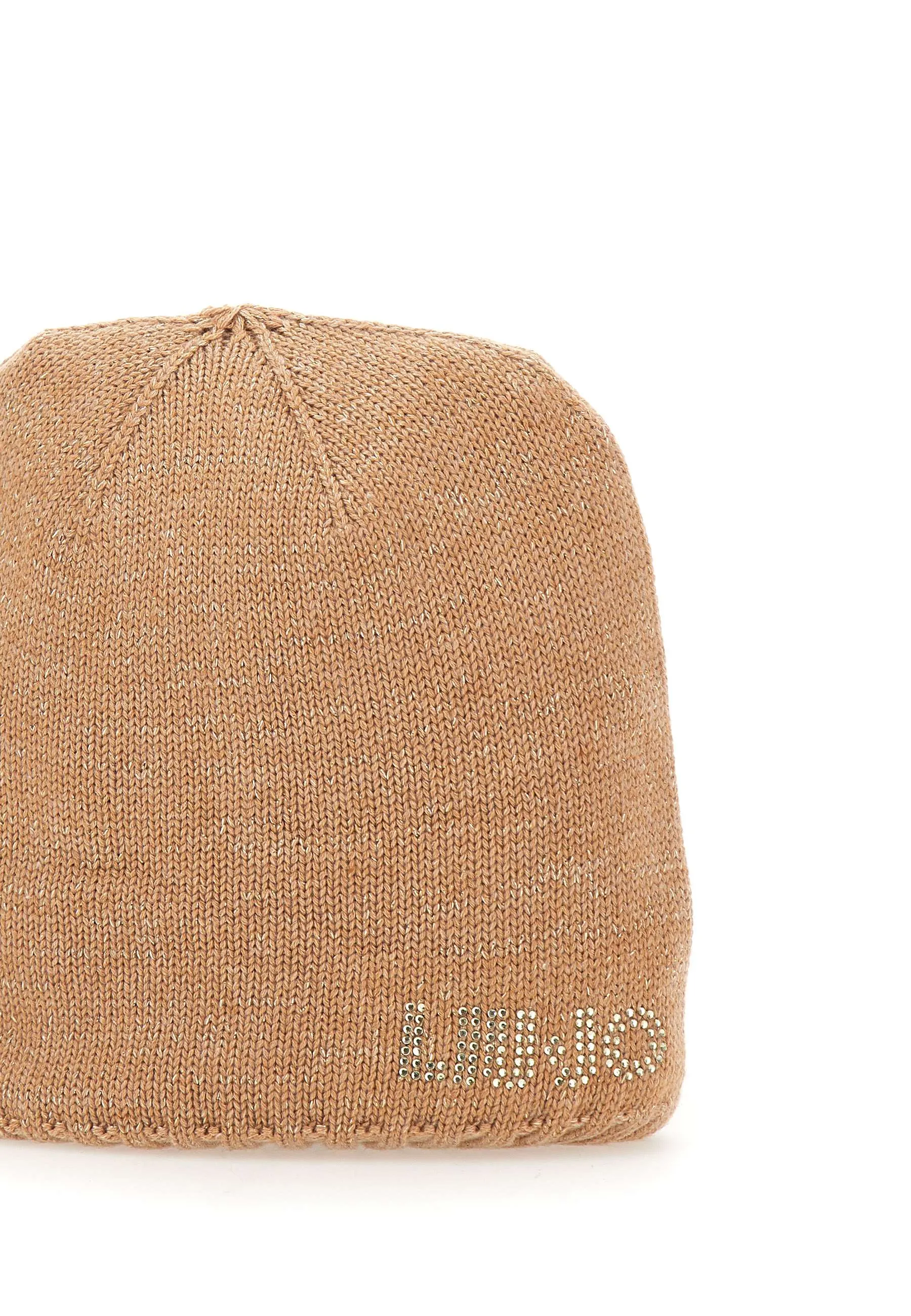 Beige Rhinestone Logo Knit Hat