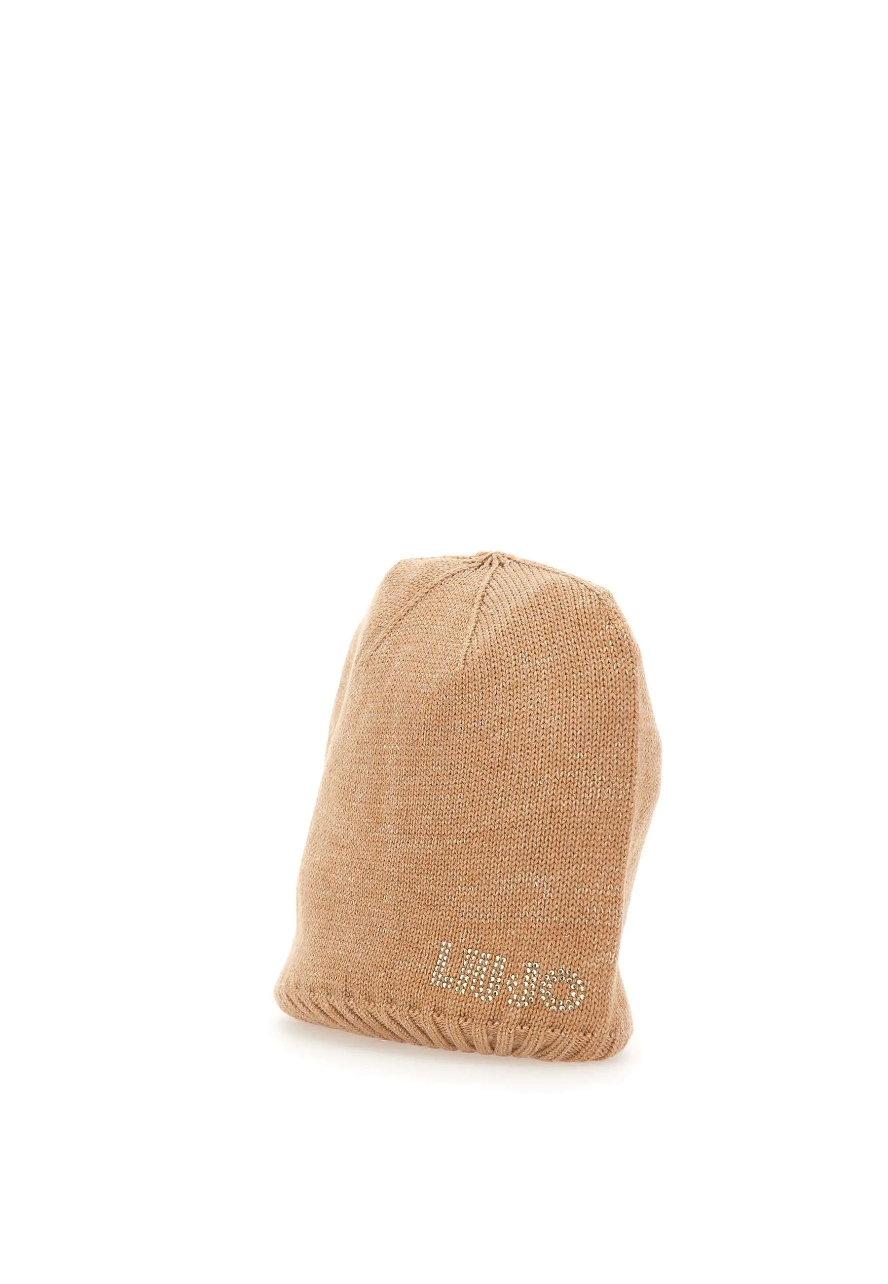 Beige Rhinestone Logo Knit Hat