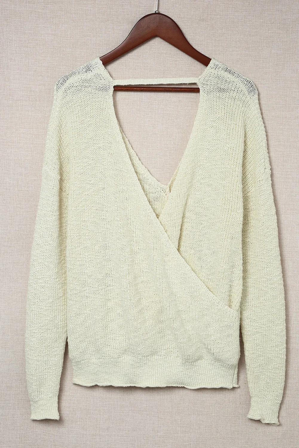 Beige V Neck Wrap Backless Knit Sweater