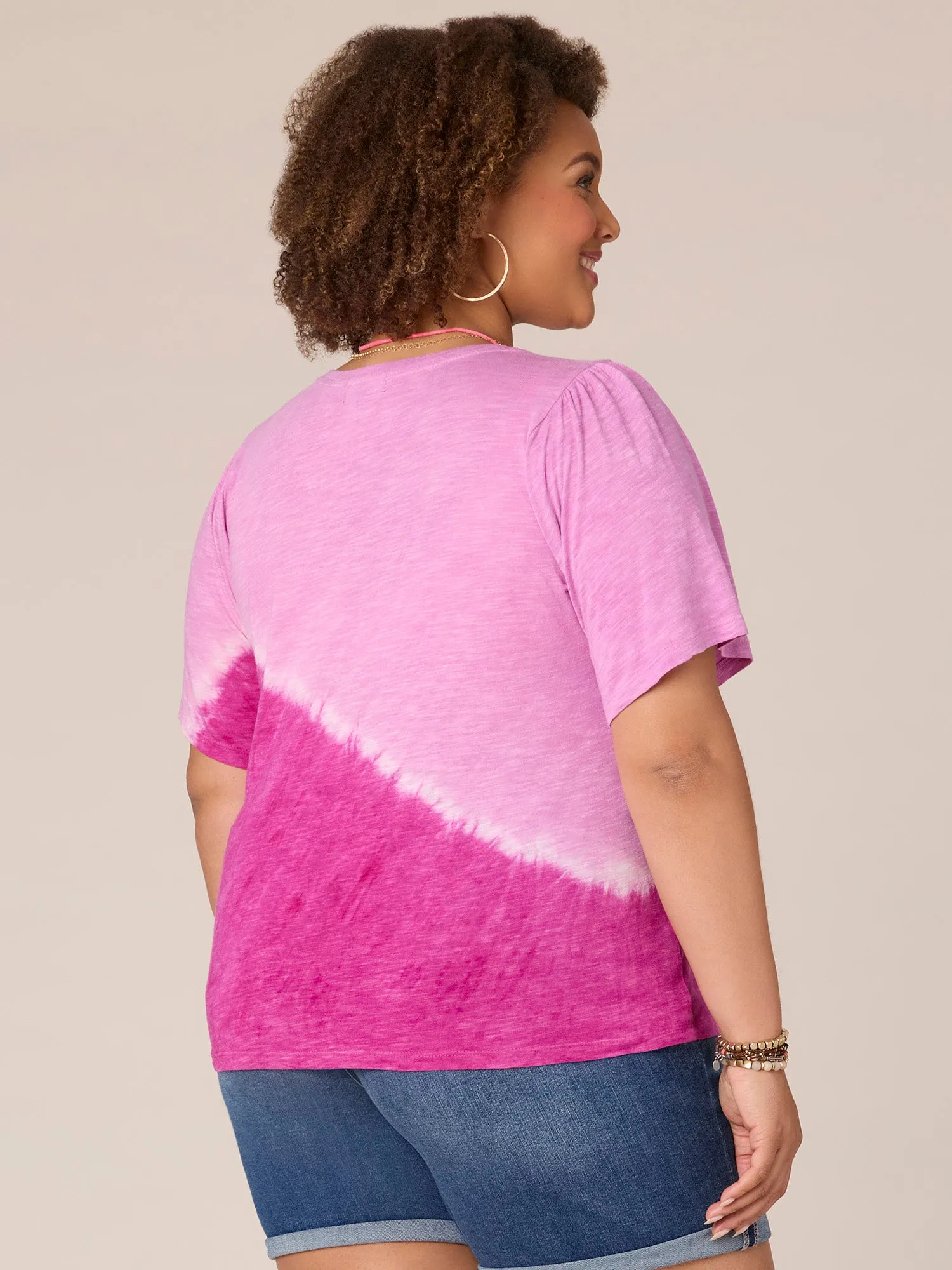 Bell Sleeve Scoop Neck Placement Tie Dye Plus Size Knit Tee