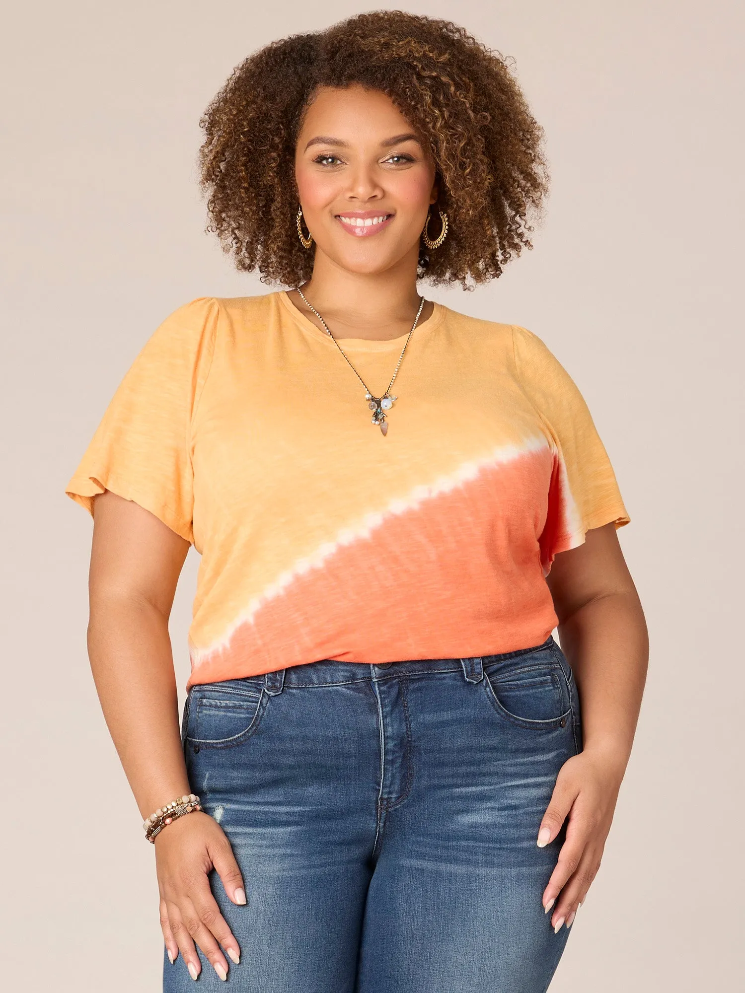 Bell Sleeve Scoop Neck Placement Tie Dye Plus Size Knit Tee