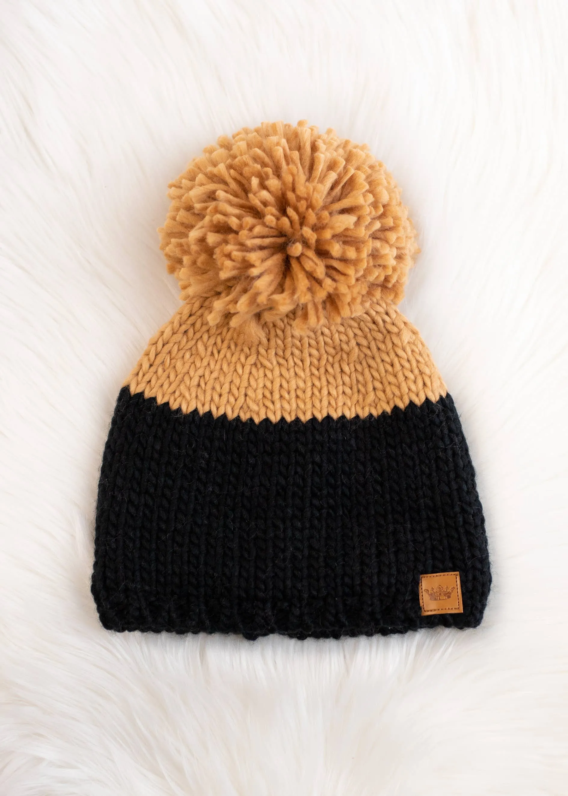 Black & Camel Color Block Pom Hat