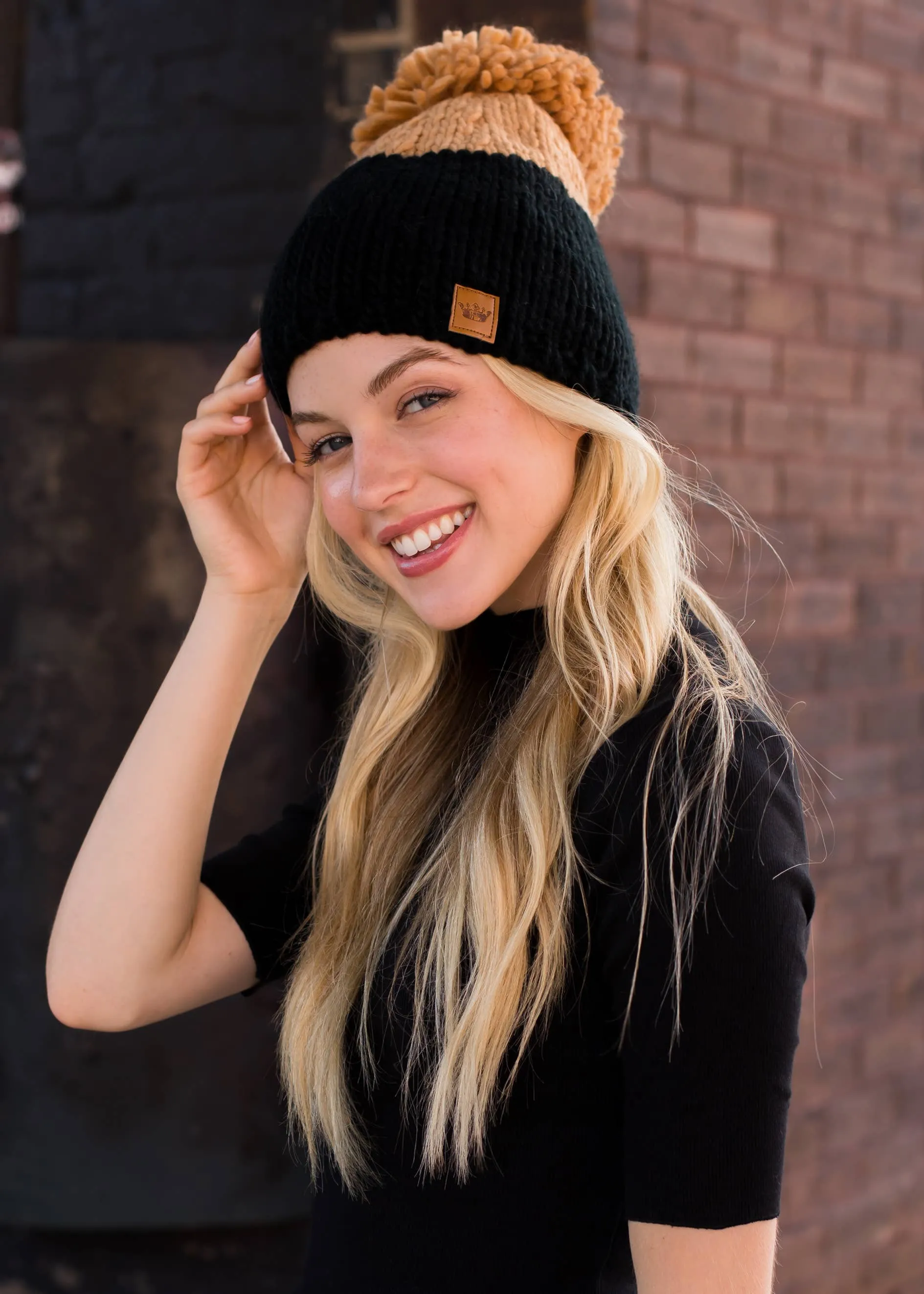 Black & Camel Color Block Pom Hat