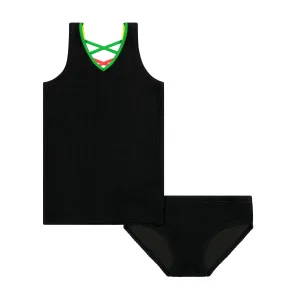 Black Crinkle Tankini with Neon Trim