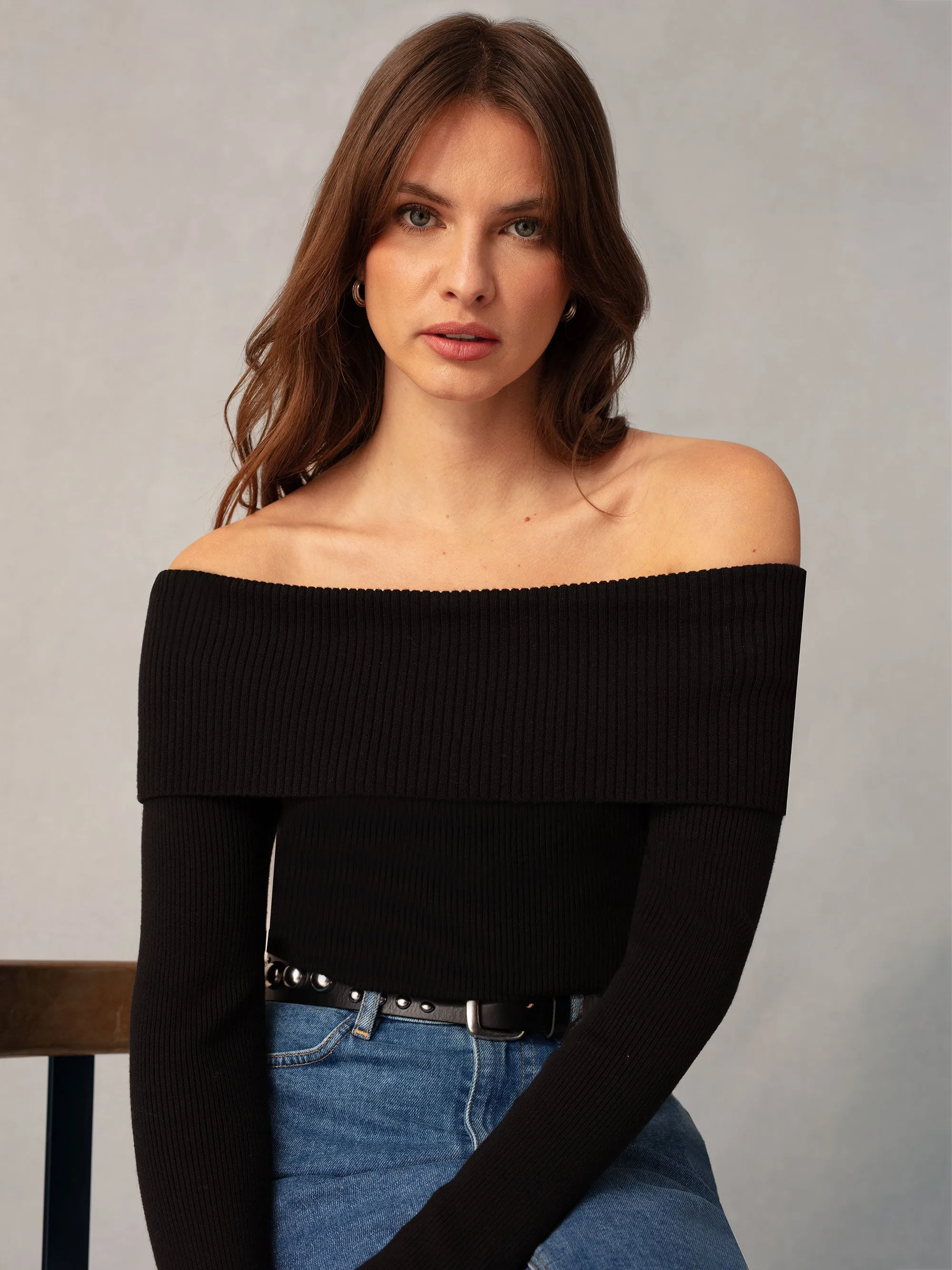 Black Knit Bardot Top