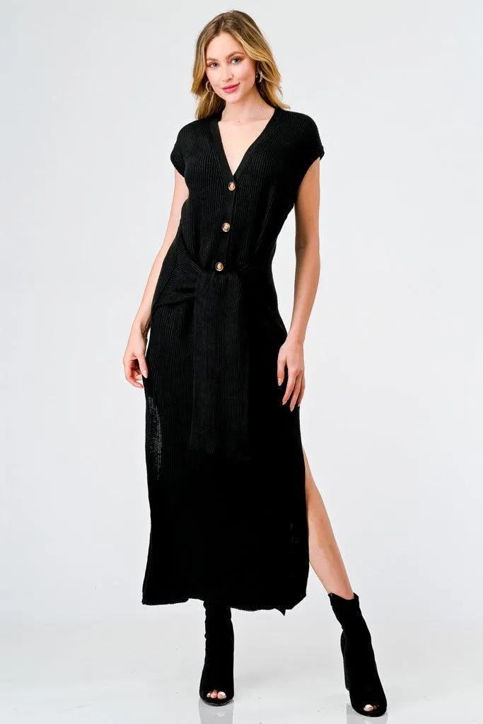 Black Knit Button-Up Sleeveless Belted Midi Sweater Dress /4-2-1