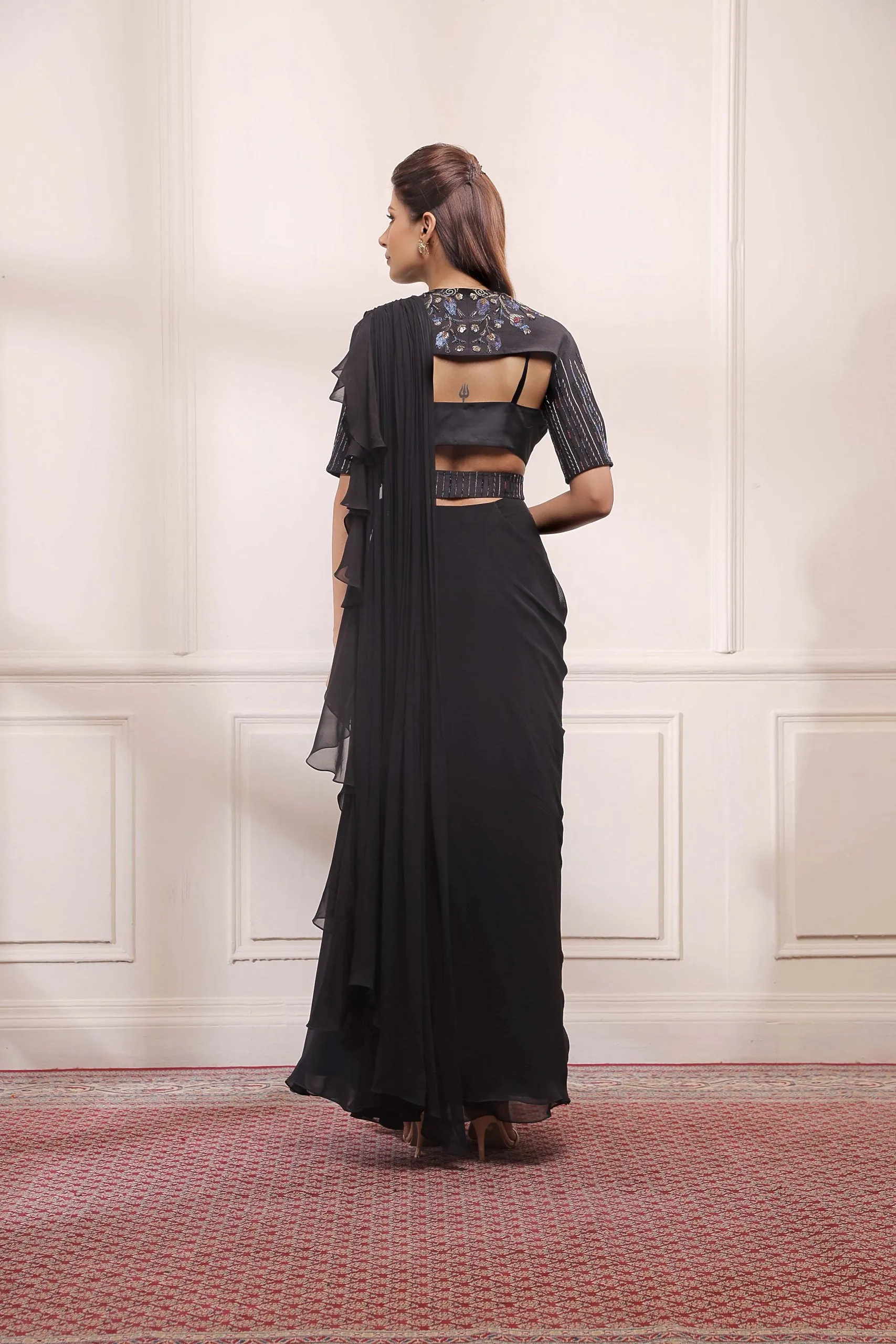 Black onyx drape saree with  embroidered cape